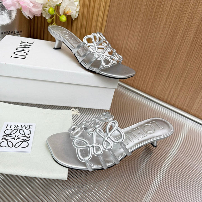 LOEWE 26S PETAL ANAGRAM KITTEN HEEL SANDALS 45MM IN SILVER SOFT CALFSKIN