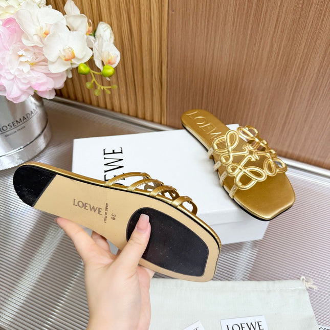 LOEWE 26S PETAL ANAGRAM SLIDE IN GOLD SOFT CALFSKIN
