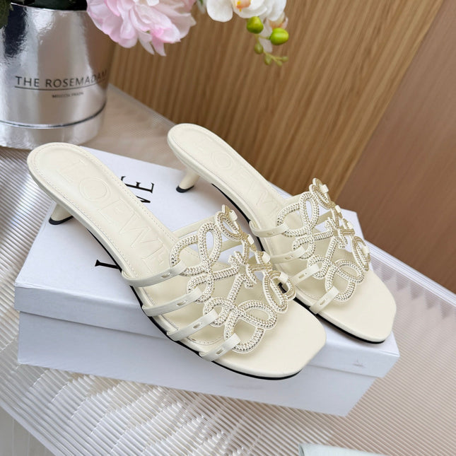 LOEWE 26S PETAL ANAGRAM SLIDE 45MM IN CREAM WHITE SOFT CALFSKIN WITH CRYSTALS
