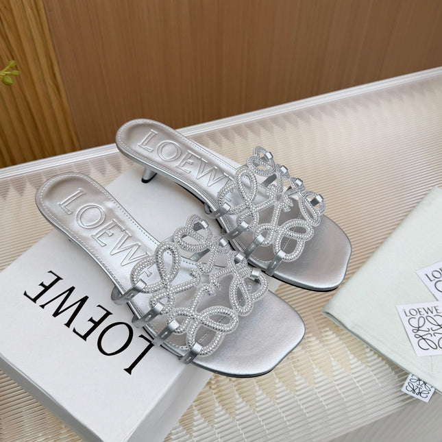 LOEWE 26S PETAL ANAGRAM SLIDE 45MM IN SILVER SOFT CALFSKIN WITH CRYSTALS