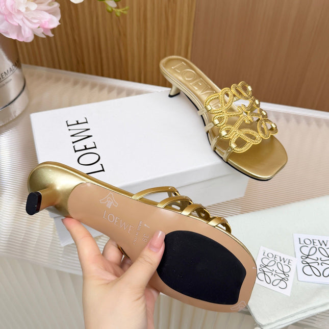 LOEWE 26S PETAL ANAGRAM SLIDE 45MM IN GOLD SOFT CALFSKIN WITH CRYSTALS