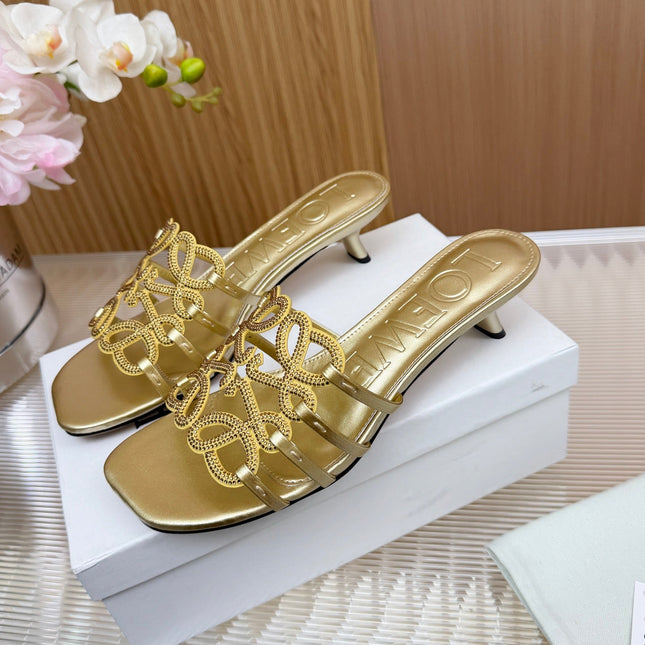 LOEWE 26S PETAL ANAGRAM SLIDE 45MM IN GOLD SOFT CALFSKIN WITH CRYSTALS