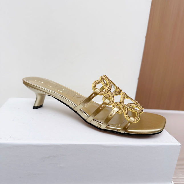 LOEWE 26S PETAL ANAGRAM SLIDE 45MM IN GOLD SOFT CALFSKIN WITH CRYSTALS