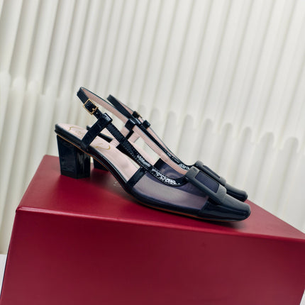 ROGER VIVIER 25S BELLE VIVIER SLINGBACK PUMPS 45MM IN NAVY BLUE MESH FABRIC