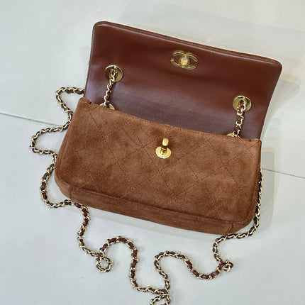 CHANEL 26S FLAP BAG 22 IN BROWN SUEDE WITH GOLD HARDWARE