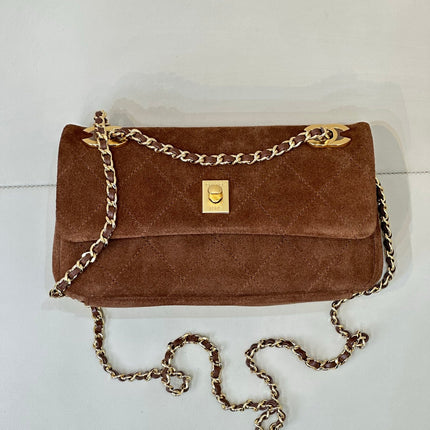 CHANEL 26S FLAP BAG 22 IN BROWN SUEDE WITH GOLD HARDWARE