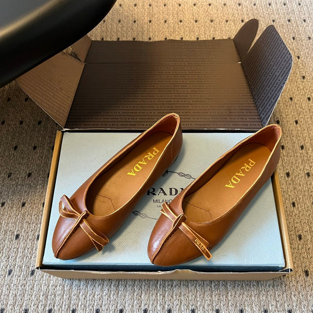 PRADA 26S POINTED TOE BOW FLATS IN CARAMEL BROWN CALFSKIN