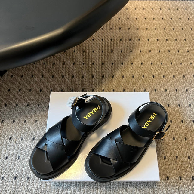 PRADA 26S CROSS STRAP PLATFORM SANDALS 35MM IN BLACK CALFSKIN