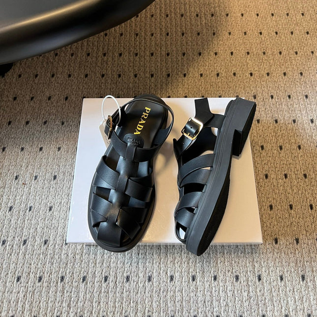 PRADA 26S ANKLE STRAP FISHERMAN SANDALS IN BLACK CALFSKIN