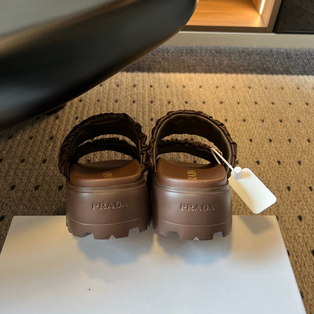 PRADA 26S RUCHED DOUBLE STRAP PLATFORM SLIDES 55MM IN DARK BROWN CALFSKIN