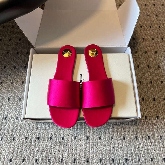 YSL 26S FLAT SLIDES IN DARK PINK SATIN