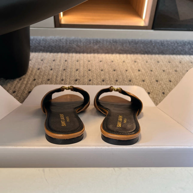 YSL 26S BABYLONE FLAT MULES IN BROWN LAMBSKIN