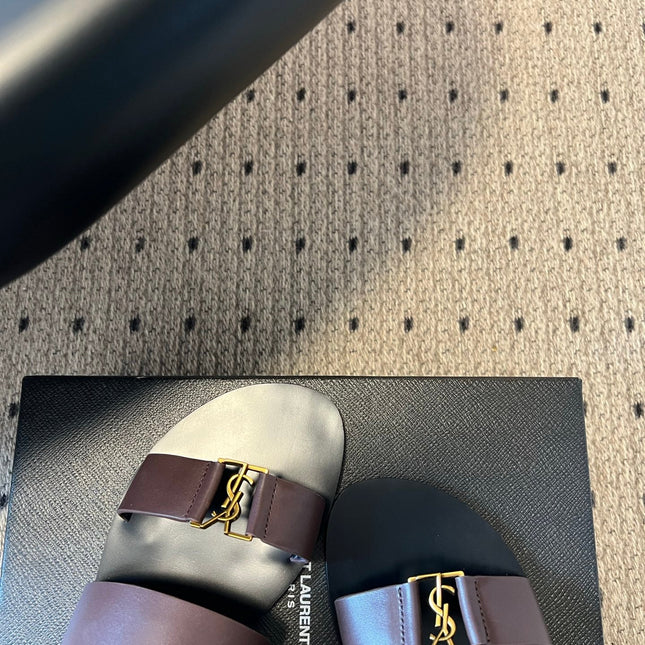 YSL 26S DOUBLE-STRAP SANDALS IN DARK BROWN CALFSKIN