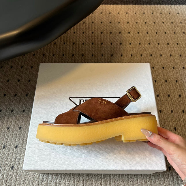 PRADA 26S CROSS STRAP PLATFORM SANDALS 55MM IN BROWN SUEDE