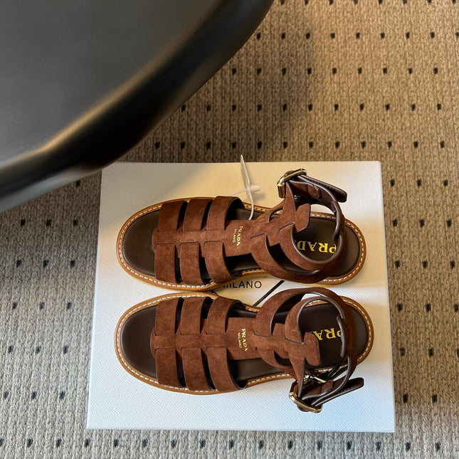 PRADA 26S GLADIATOR SANDALS 55MM IN BROWN SUEDE