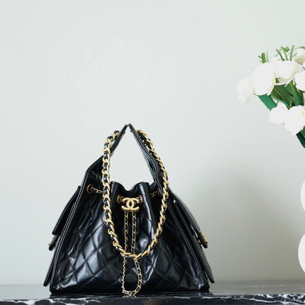 CHANEL 25S HOBO BAG 30 CM IN BLACK LIGHT GLOSSY LEATHER WITH GOLD HARDWARE