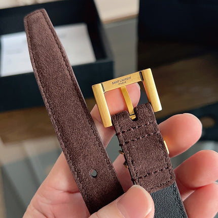 YSL 25S BELT 20 MM IN ASH BROWN SUEDE WITH GOLD HARDWARE 616311