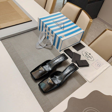 PRA SQUARE TOE MULES BLACK CALFSKIN WITH LOGO