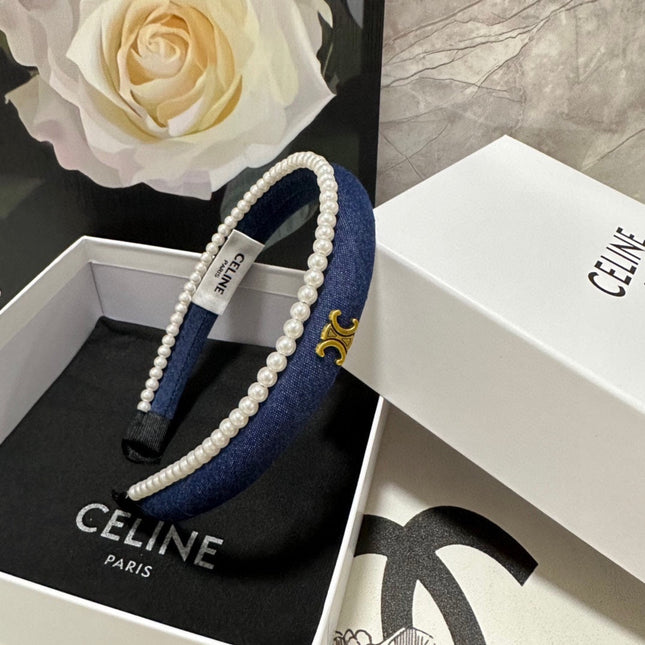 NAVY BLUE DENIM FABRIC HAIRBAND WITH PEARL CHAIN 400483