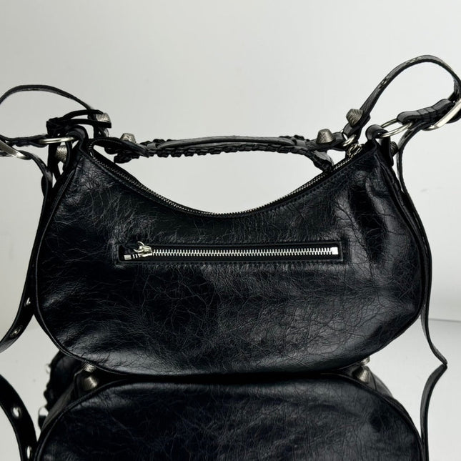 LE CAGOLE LARGE SHOULDER BAG 33 WITH RHINESTONES IN BLACK ARENA LAMBSKIN SILVER HARDWARE