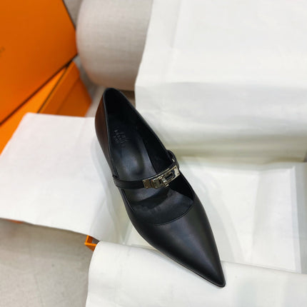 HM 26S MARY JANE POINTED TOE HEELS 40MM IN BLACK CALFSKIN KELLY BUCKLE