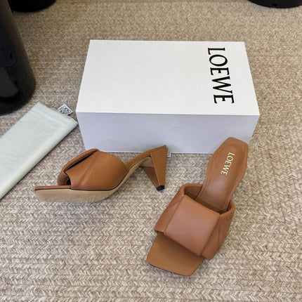 LOEWE 26S HEELED MULE SANDALS 75MM IN TAN BROWN CALFSKIN