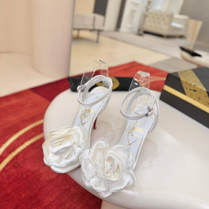 CHRISTIAN LOUBOUTIN 26S FLOWER-EMBELLISHED SANDALS 100 MM IN WHITE SATIN
