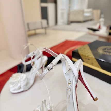 CHRISTIAN LOUBOUTIN 26S FLOWER-EMBELLISHED SANDALS 100 MM IN WHITE SATIN
