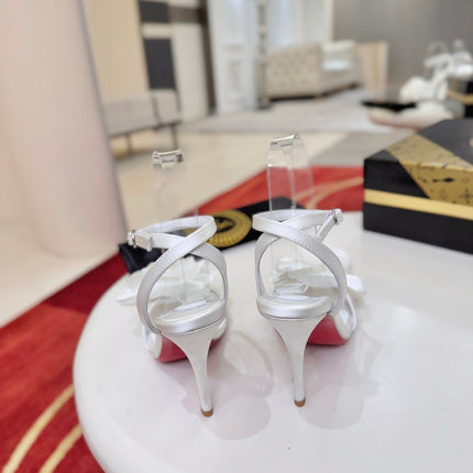 CHRISTIAN LOUBOUTIN 26S FLOWER-EMBELLISHED SANDALS 100 MM IN WHITE SATIN