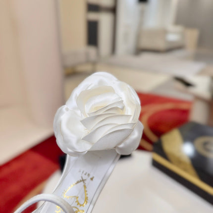 CHRISTIAN LOUBOUTIN 26S FLOWER-EMBELLISHED SANDALS 100 MM IN WHITE SATIN