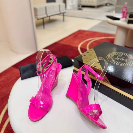 CHRISTIAN LOUBOUTIN 26S WEDGE SANDALS 85 MM IN DARK PINK CALFSKIN