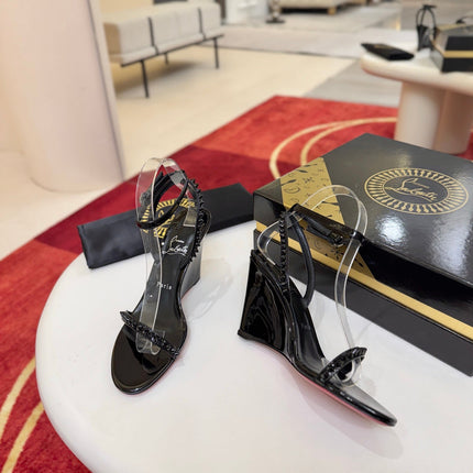 CHRISTIAN LOUBOUTIN 26S STUDDED WEDGE SANDALS 85 MM IN BLACK CALFSKIN