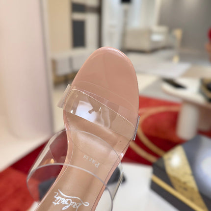 CHRISTIAN LOUBOUTIN 26S CLEAR-STRAP WEDGE SANDALS 100 MM IN BEIGE LEATHER AND TPU