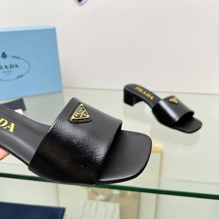 PRA EMBROIDERED SLIDES 40 BLACK CALFSKIN