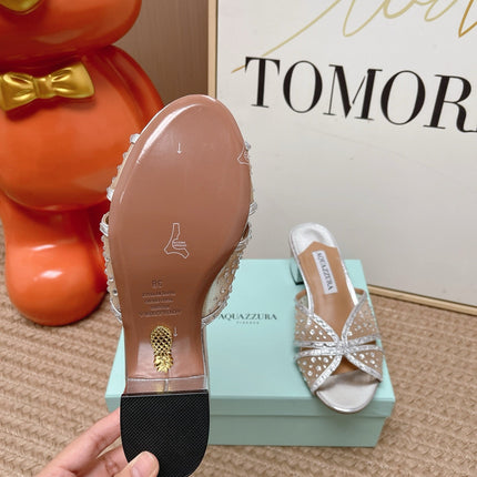 AQUAZZURA 26S LOVER HEELED MULES IN SILVER LAMBSKIN AND MESH