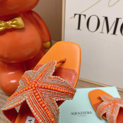AQUAZZURA 26S STARFISH BEADED THONG SANDALS IN ORANGE LAMBSKIN