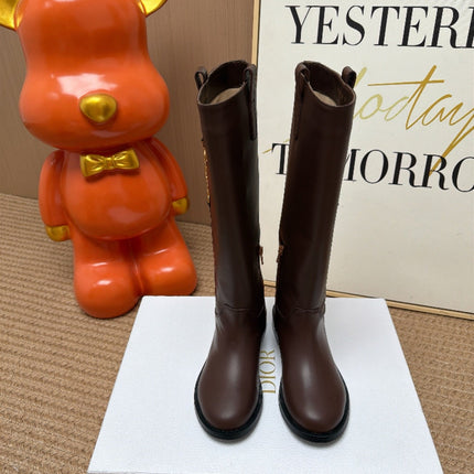 DIOR 26S CHARM KNEE HIGH BOOTS IN BURGUNDY RED CALFSKIN GOLD HARDWARE