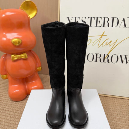 DIOR 26S KNEE HIGH BOOTS IN BLACK CALFSKIN AND SUEDE WITH EMBROIDERED LOGO