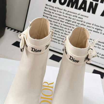 DIOR 26S ANKLE BOOTS WITH LOGO BOW IN IVORY WHITE CALFSKIN
