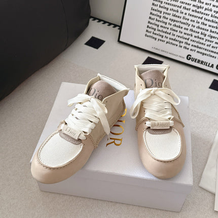 DIOR 26S HIGH TOP LACE UP SNEAKERS IN LIGHT BEIGE SUEDE AND WHITE MESH