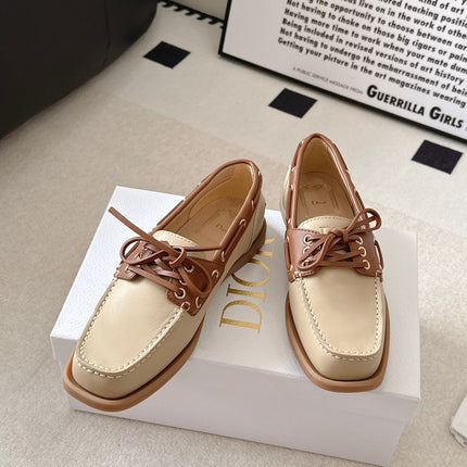 DIOR 26S LACE UP BOAT SHOES IN BEIGE AND BROWN CALFSKIN GOLD HARDWARE