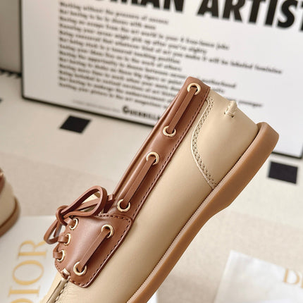 DIOR 26S LACE UP BOAT SHOES IN BEIGE AND BROWN CALFSKIN GOLD HARDWARE