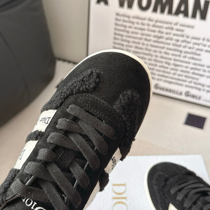 DIOR 26S LOW TOP LACE UP SNEAKERS IN BLACK TEDDY FABRIC AND SUEDE WITH WHITE LOGO STRIPES