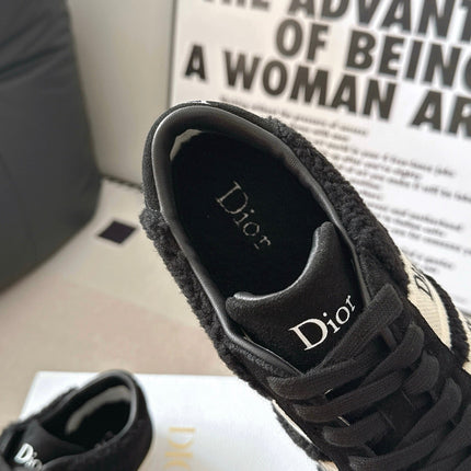 DIOR 26S LOW TOP LACE UP SNEAKERS IN BLACK TEDDY FABRIC AND SUEDE WITH WHITE LOGO STRIPES