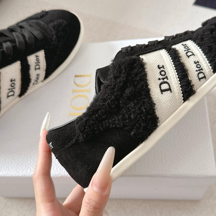 DIOR 26S LOW TOP LACE UP SNEAKERS IN BLACK TEDDY FABRIC AND SUEDE WITH WHITE LOGO STRIPES