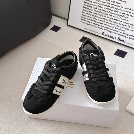 DIOR 26S LOW TOP LACE UP SNEAKERS IN BLACK TEDDY FABRIC AND SUEDE WITH WHITE LOGO STRIPES