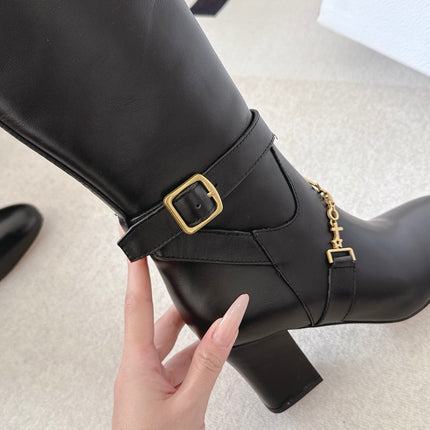 DIOR 26S CHARM BLOCK HEEL KNEE HIGH BOOTS IN BLACK CALFSKIN GOLD HARDWARE