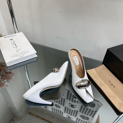 ALAIA AZZEDINE HIGH HEELS IN WHITE CALFSKIN WITH GOLD HARDWARE