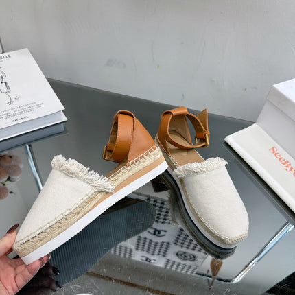SEE BY ESPADRILLES SANDAL IN WHITE FABRIC AND BRONZE BROWN CALFSKIN