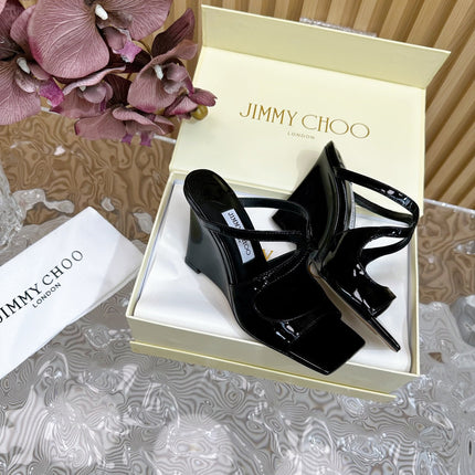 JIMMY CHOO 26S WEDGE SANDALS 105 MM IN BLACK GLOSSY CALFSKIN